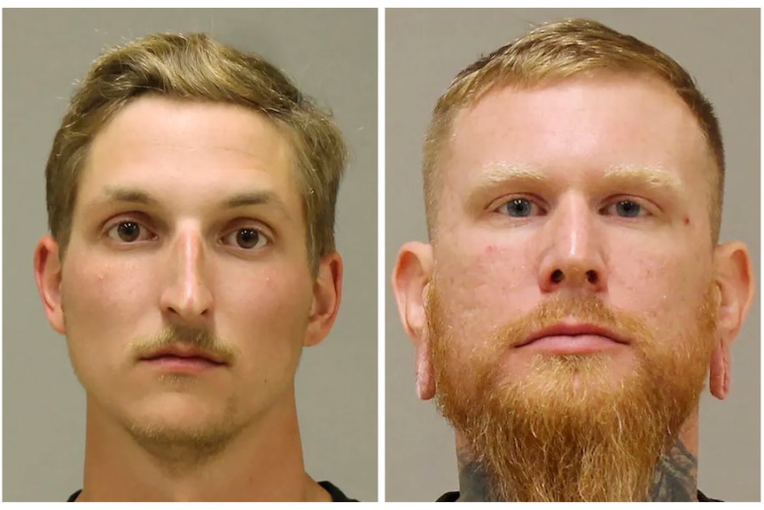 A photo combo of images provided by the Kent County Sheriff shows Daniel Harris, left, and Brandon Caserta in booking photos.