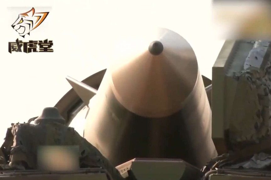Close-up of China's DF-26 missile, showing the tip of the weapon.