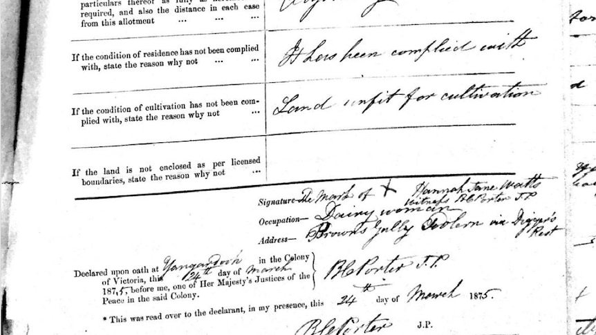 A printed government document with fields filled in copperplate, signed with an X.