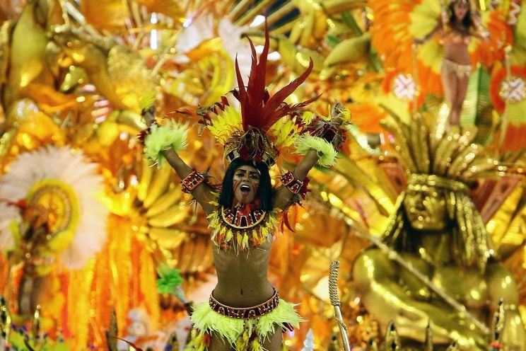 Members of Academicos do Salgueiro samba school perform