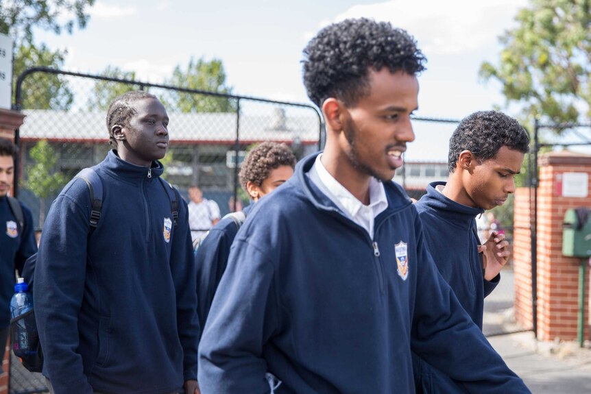 Mohamed Semra (front) with classmates at Maribyrnong College.