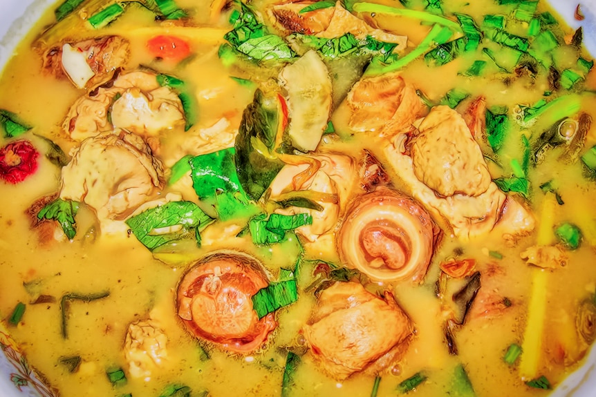 A yellow curry dish made from testicle of bull