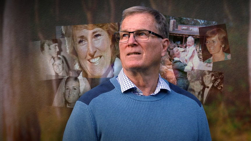 A montage of photos of Lyn dawson behind a portrait photo of her brother in graphic treatment 