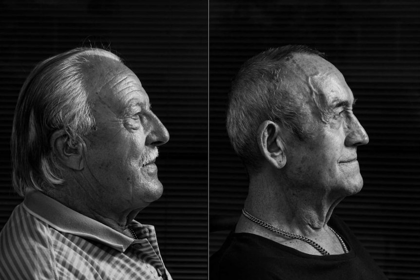 Black and white portraits of two Italian men, Franco Bortoli and Luigi Guarniere.