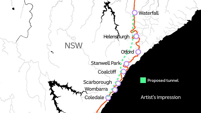 A map of the NSW coast shows a green line running between Coledale and Waterfall.