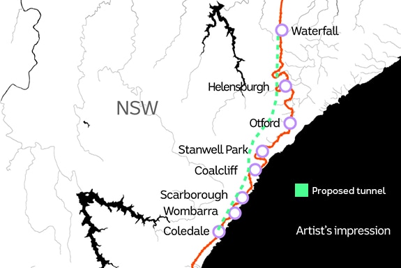 A map of the NSW coast shows a green line running between Coledale and Waterfall.