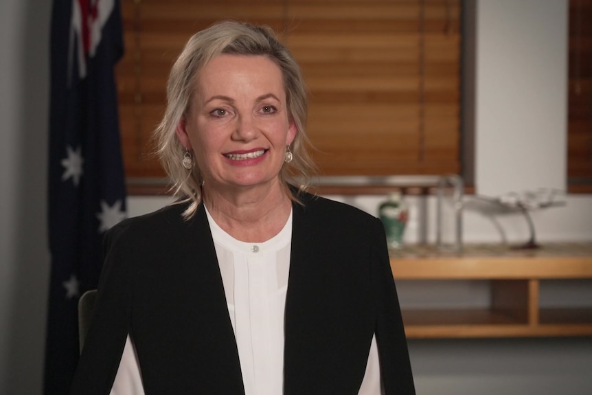 Sussan Ley wearing a white blouse and black cape jacket in an office with the australian flag behind her 