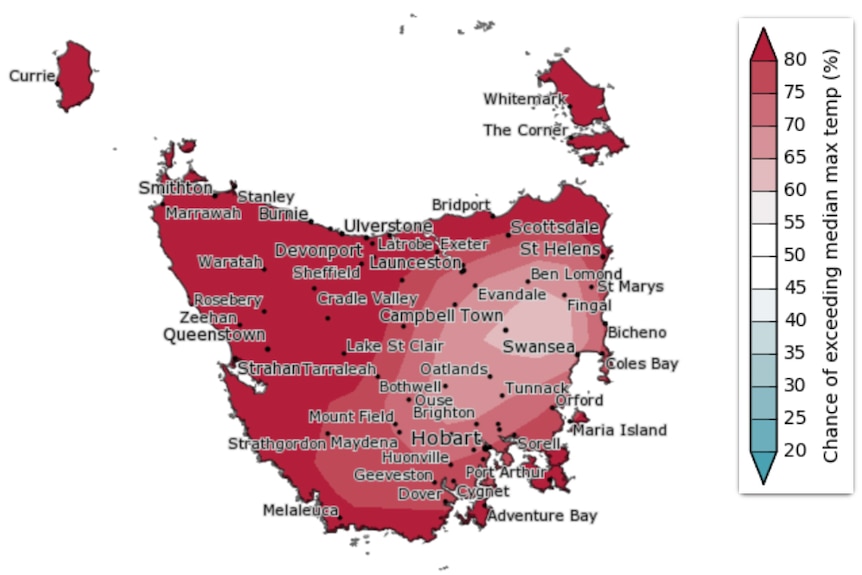 A map of Tasmania showing the percentage chance of exceeding median maximum temperature in summer of 2020/2021.