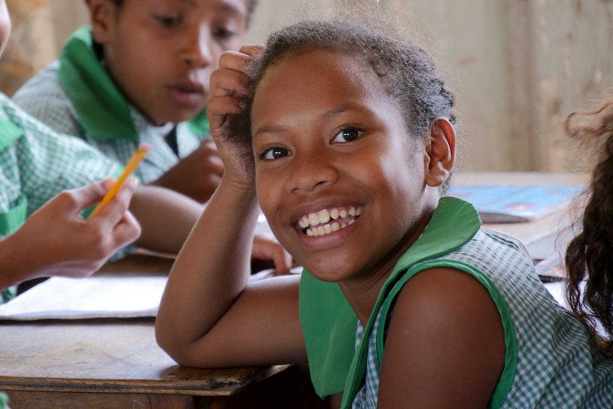 A young girl at the local school in Tulu, on Manus Island, photographed for Foreign Correspondent 2018.