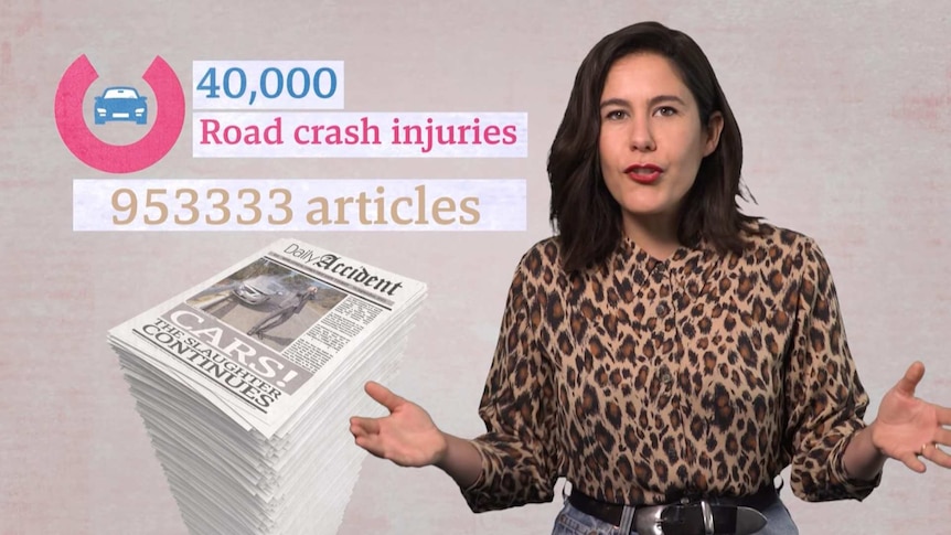 Australian journalist and comedian Jan Fran stands beside a news graphic reading '40,000 Road Crash Injuries 953333 articles'
