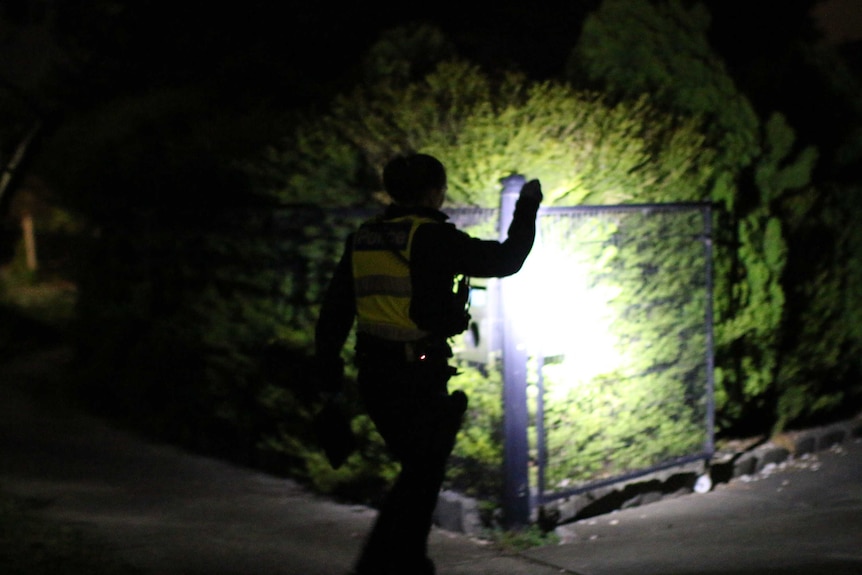 A police officer shines a torch on a bush in a suburban yard.