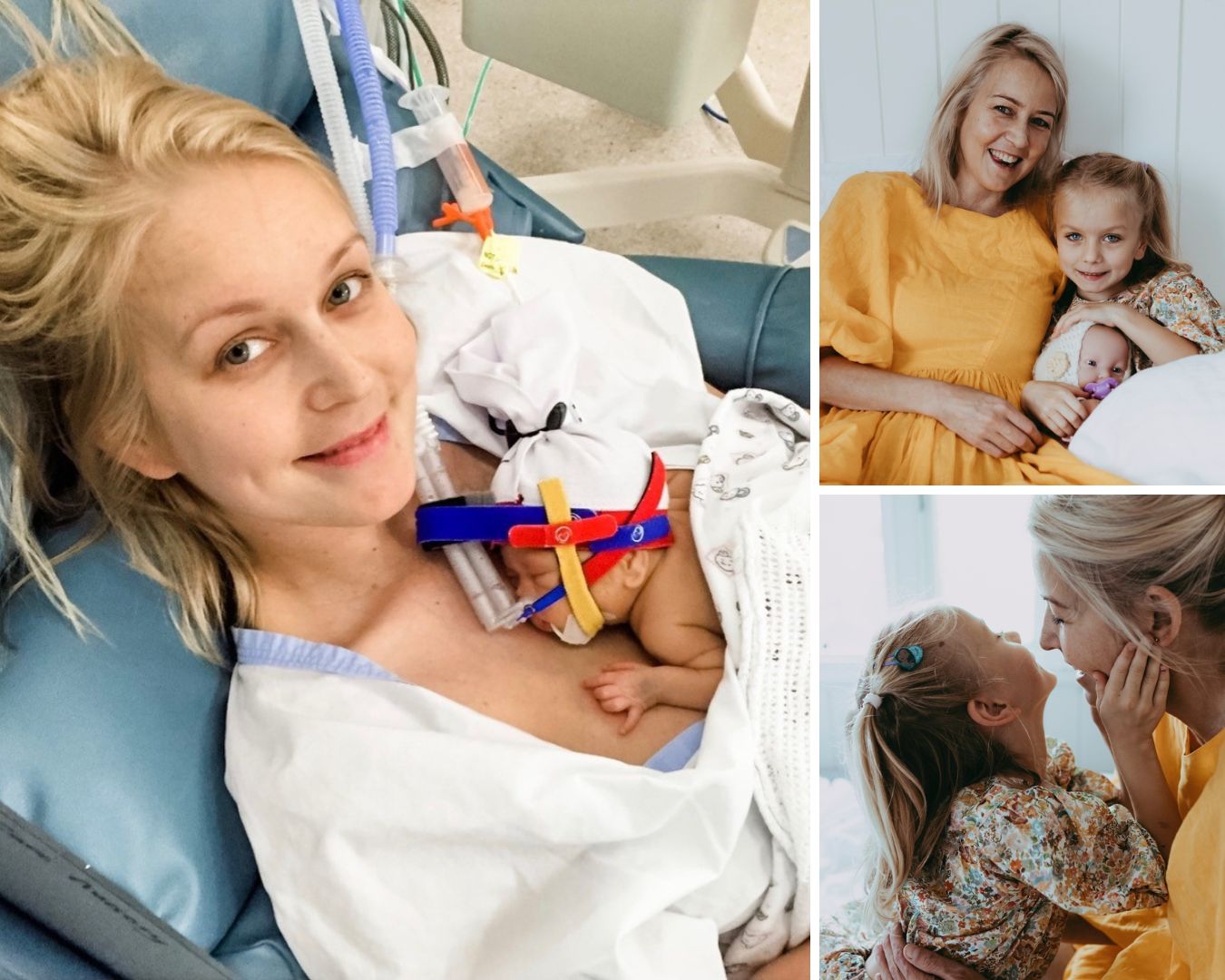 A collage shows photos of mother and daughter in hospital after birth, and more recently at home together.