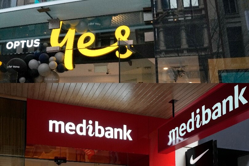 A composite image of signage out the front of an Optus store and a Medibank branch.