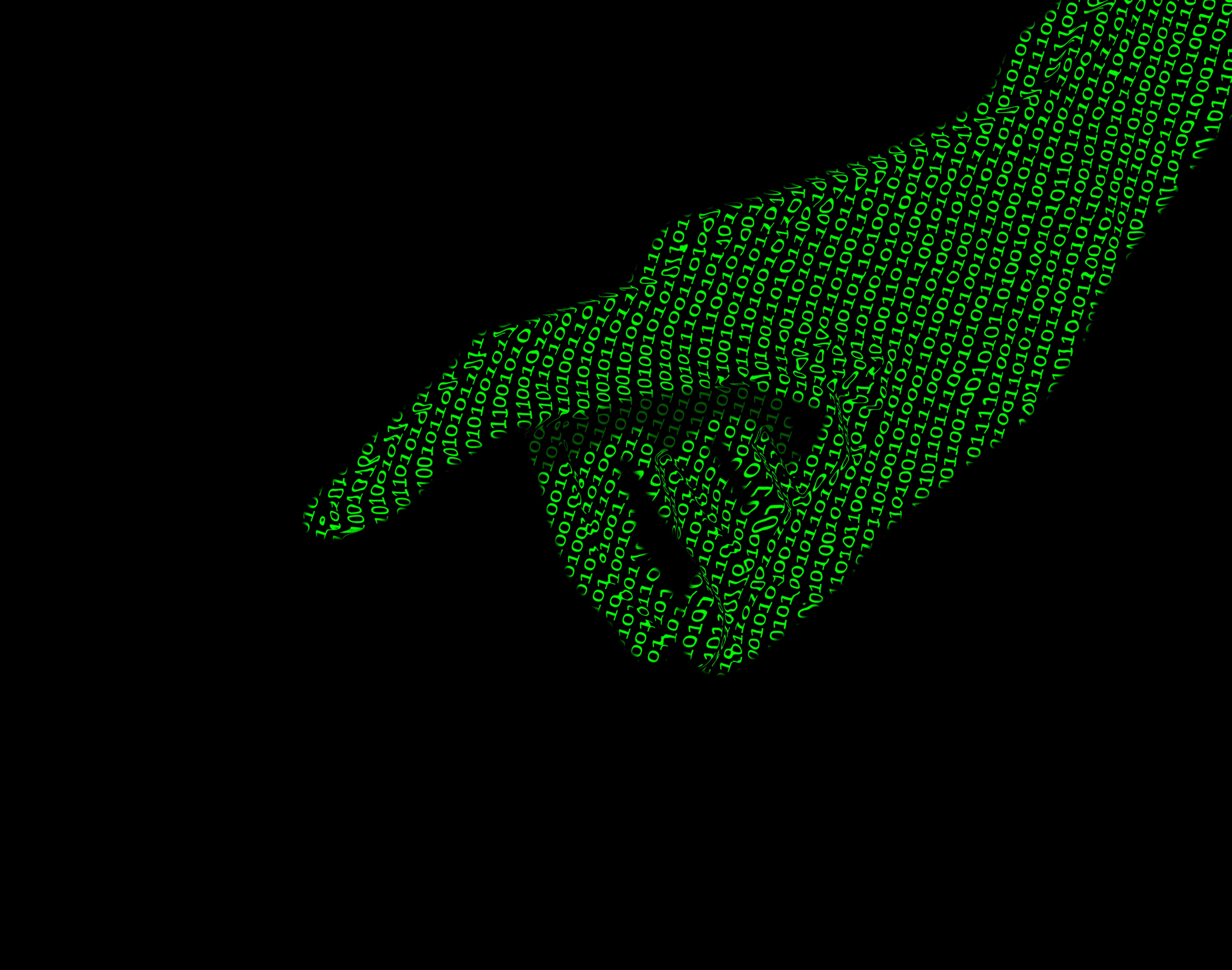 Binary code in the shape of a human hand against a black background
