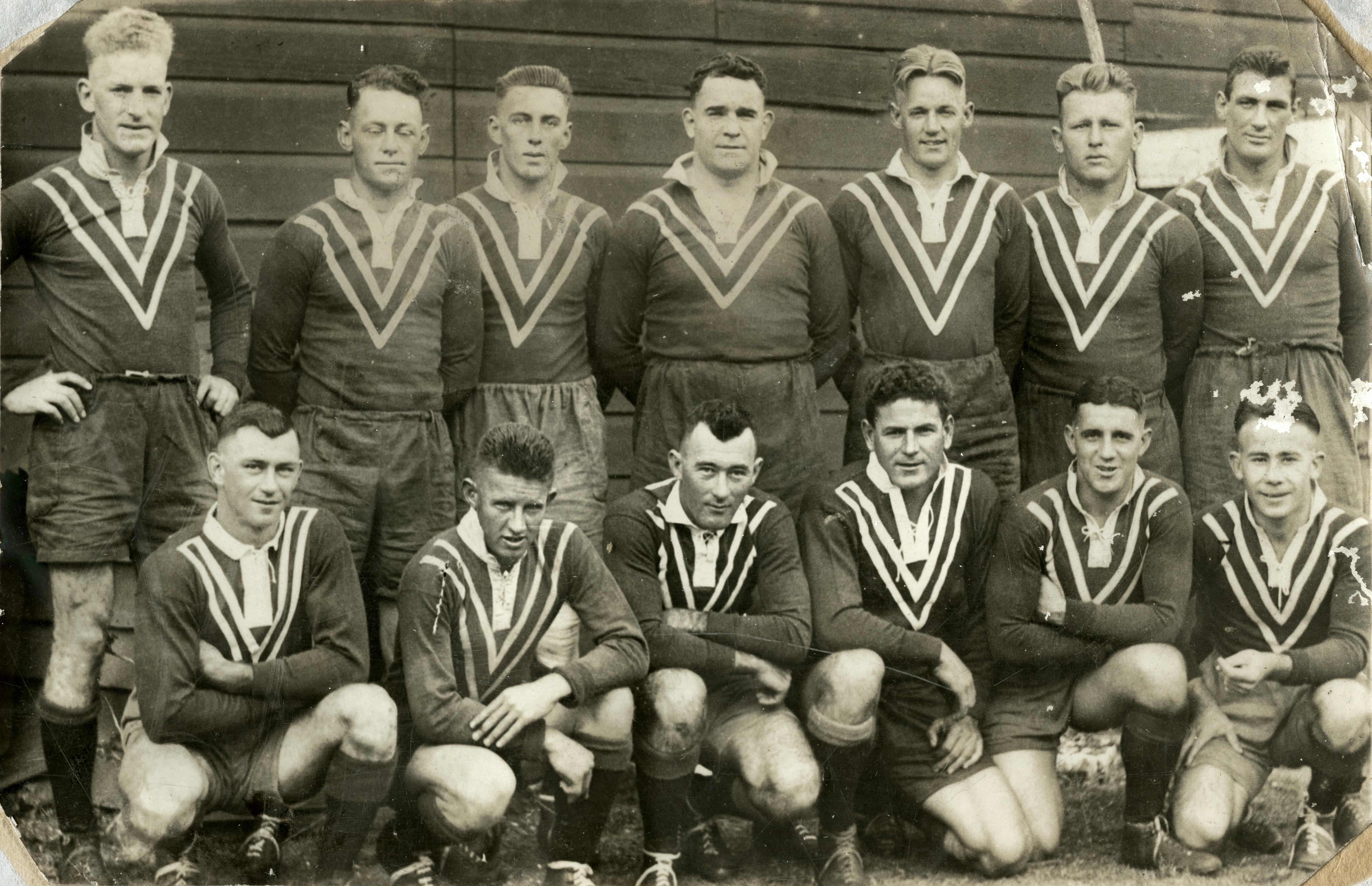 Black and white old team photo of a rugby league team.