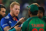 Ben Stokes remonstrates with Tamim Iqbal
