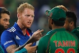 Ben Stokes remonstrates with Tamim Iqbal