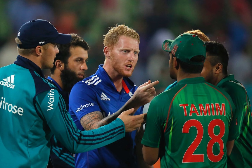 Ben Stokes remonstrates with Tamim Iqbal