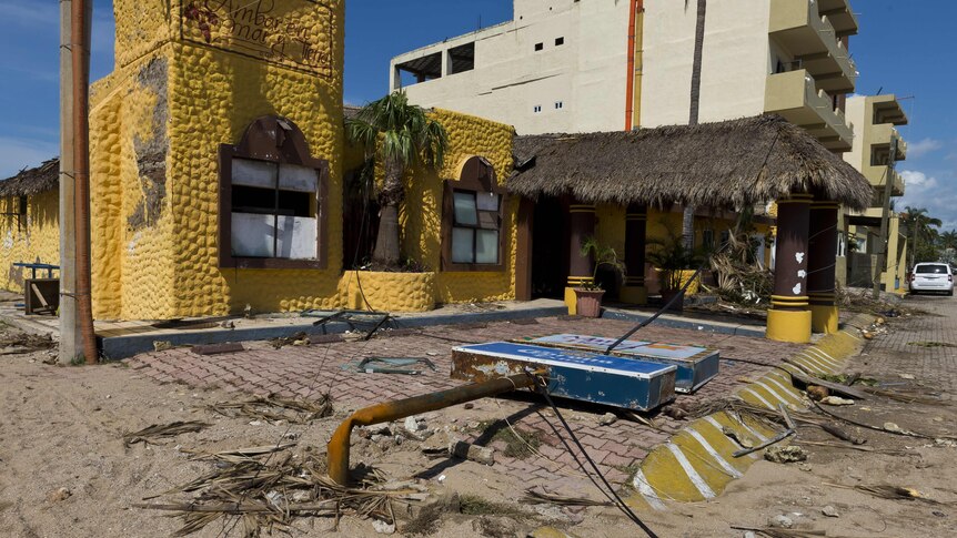 View of a damaged restaurant after Hurricane Patricia hit Mexico.