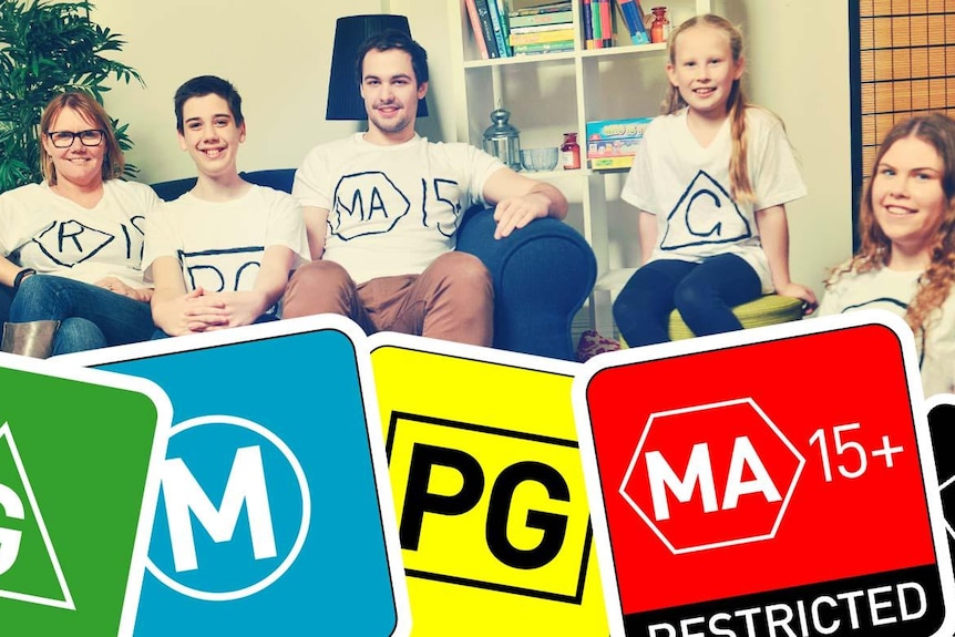 A composite image of people on a couch with T-shirts saying M, PG, R, and colourful classification ratings advertising.