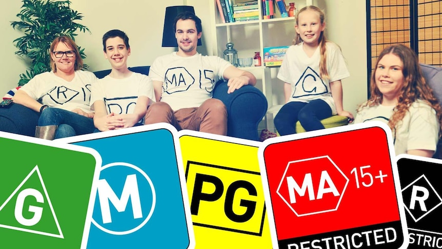 A composite image of people on a couch with T-shirts saying M, PG, R, and colourful classification ratings advertising.