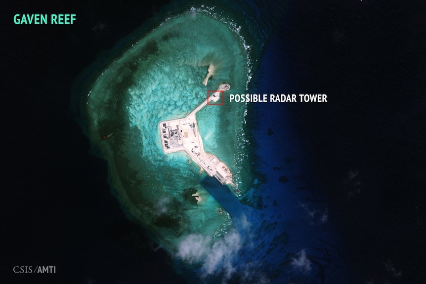 Aerial image appears to show radar tower on Gaven Reef