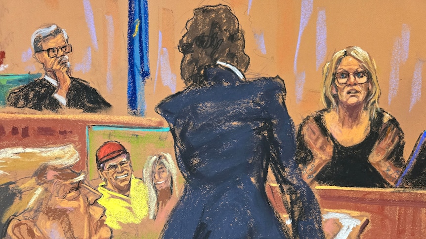 A court sketch of Stormy Daniels in the witness box being questioned by a lawyer as a judge and Donald Trump look on