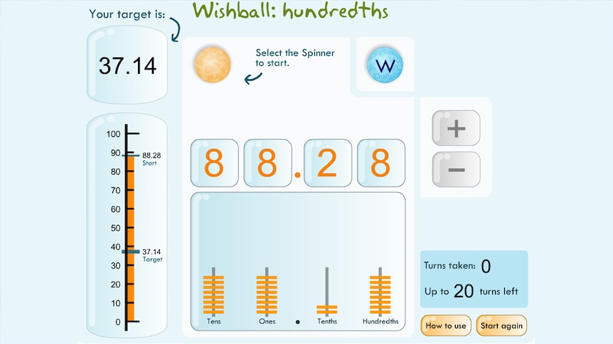 Screenshot of Wishballs game, text reads "Wishball: hundredths"