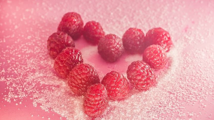 Red raspberries sitting in sugar crystals.