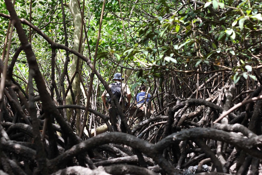 Two people's feet hold a wooden table and trudge through muddy mangroves.