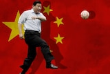 A graphic showing Xi Jinping kicking a soccer ball in front of a Chinese national flag.