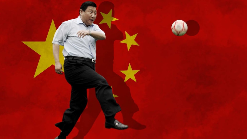 A graphic showing Xi Jinping kicking a soccer ball in front of a Chinese national flag.