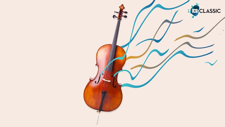 A cello on a beige background with blue flourishes of colour giving a sense of movement. 
