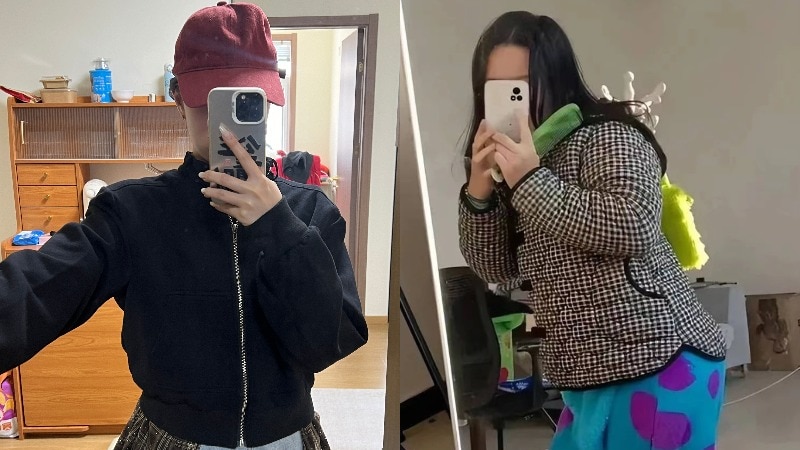 Two young female office workers take selfies while wearing comfortable casual clothes.