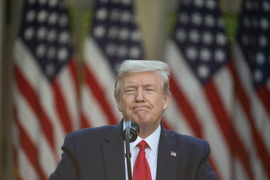 Donald Trump grins as he stands in front of four US flags.