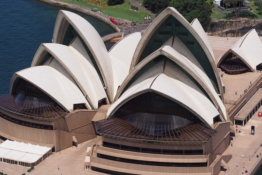 An aerial, cropped view of the Sydney Opera House.