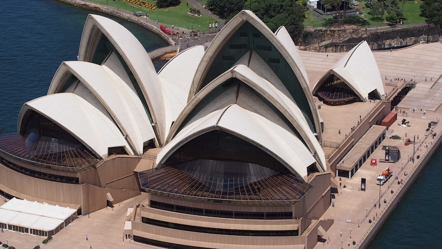 An aerial, cropped view of the Sydney Opera House.