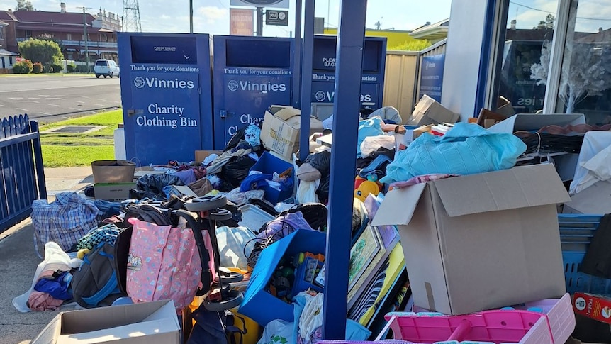 Boxes and clothes left outside a charity store in Warwick, Queensland