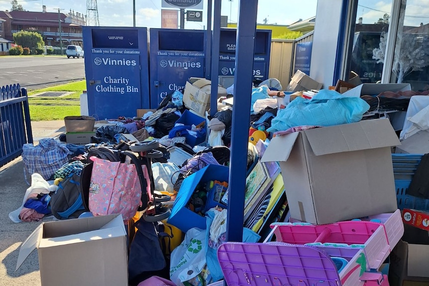 Boxes and clothes left outside a charity store in Warwick, Queensland