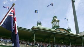 Glenn McGrath, Justin Langer and Shane Warne walk out for their final Test at SCG