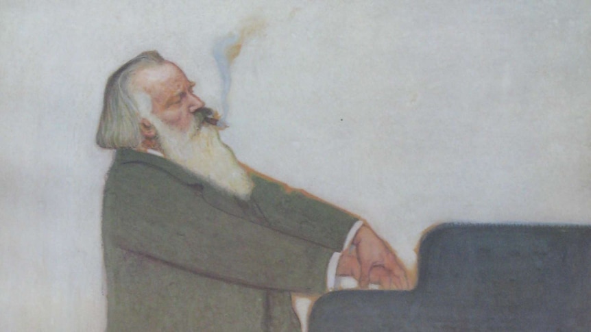 Painting of composer Johannes Brahms playing piano