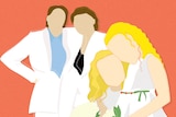 A collage-style illustration showing two faceless girls with two faceless women.