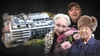 Three elderly people next to an aerial shot of a building.