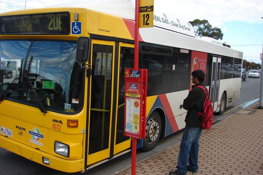 An Adelaide bus at a stop.