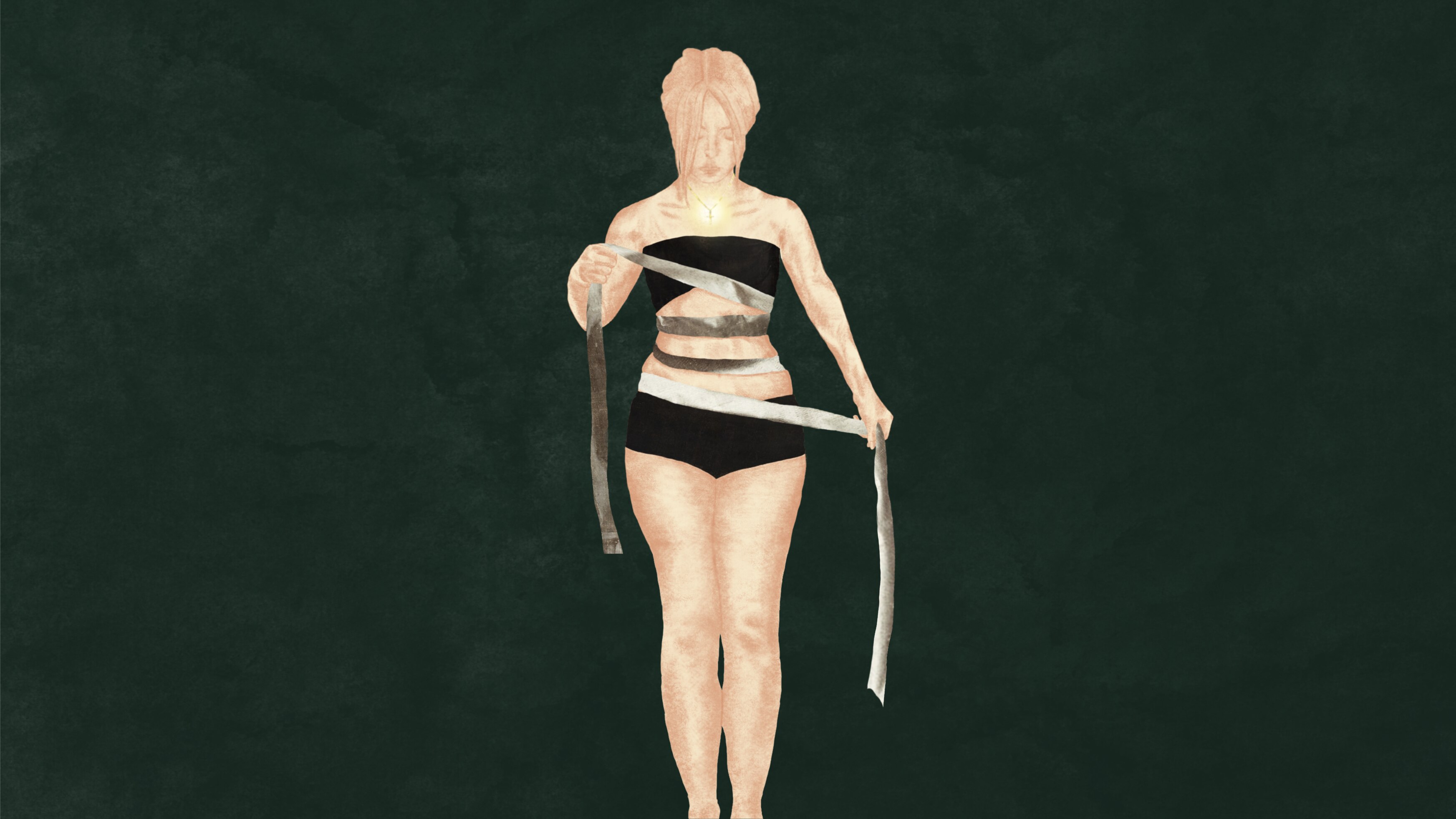 An illustration of a teenager pulling bandages tighter around her stomach.