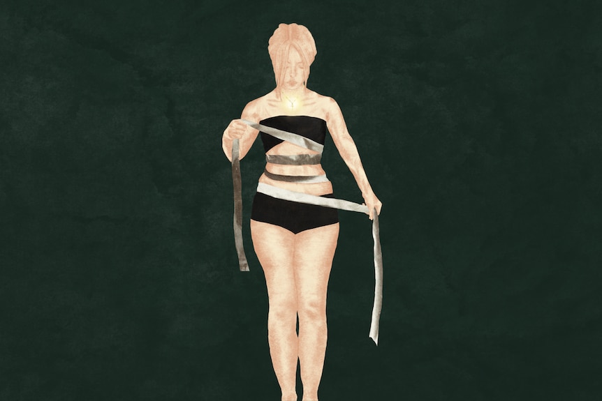 An illustration of a teenager pulling bandages tighter around her stomach.