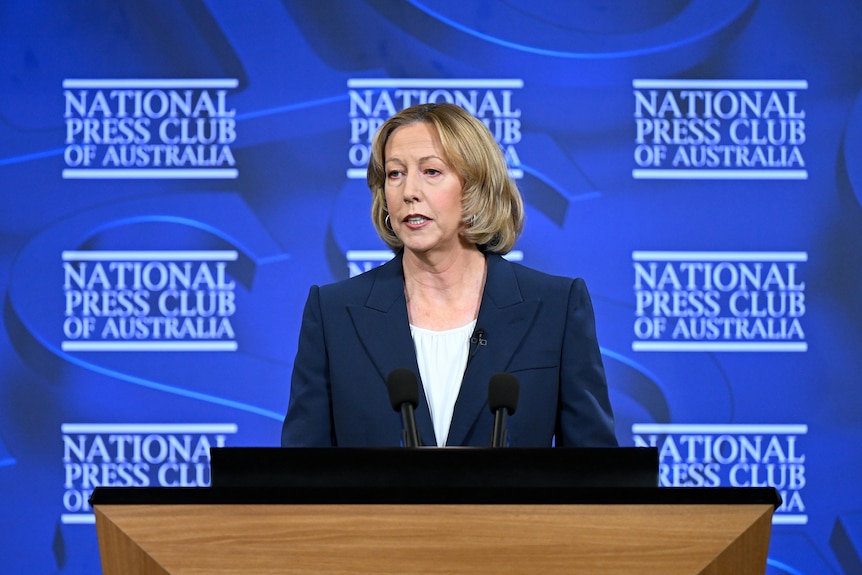 A middle aged woman wearing a navy suit with a blonde bob stands behind a lectern in front of a blue media wall.