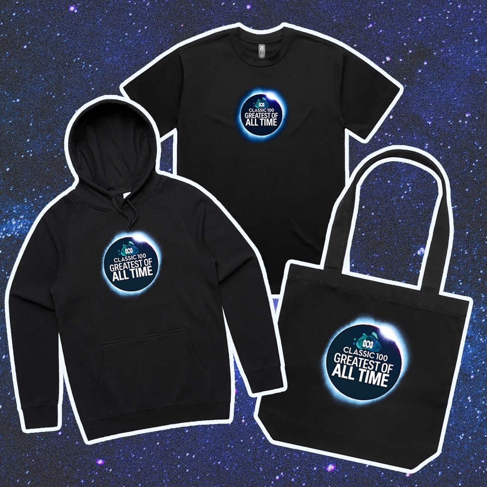 A composite image of ABC Classic 100: Greatest of All Time branded merch of a hoodie, t-shirt and tote bag.