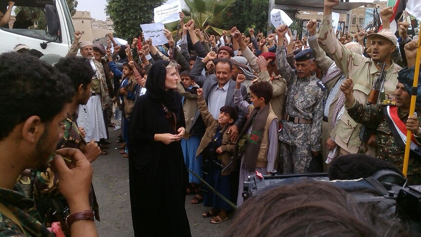 Sophie McNeill at Houthi rally