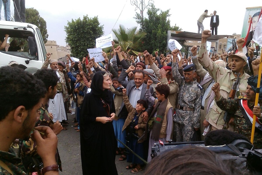 Sophie McNeill at Houthi rally